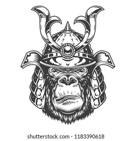 Vintage serious gorilla warrior in samurai helmet in monochrome style isolated vector illustration