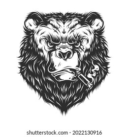 Vintage serious man, bear head with cigarettes in monochrome style isolated vector illustration