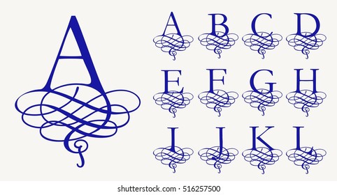 Vintage Set 1. Calligraphic capital letters with curls for Monograms and Logos. Beautiful Filigree Font. Baroque style.