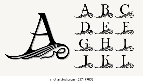 Vintage Set 1. Calligraphic capital letters with curls for Monograms, Emblems and Logos. Beautiful Filigree Font. Is at Conceptual wing or waves . Baroque style