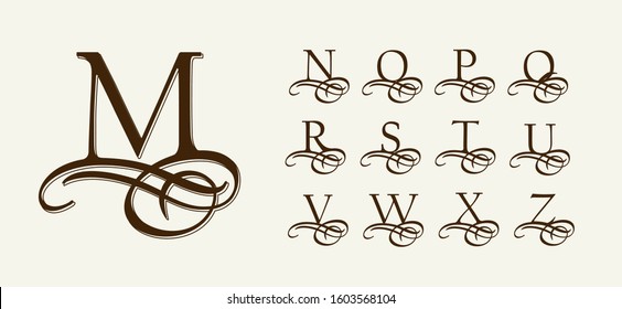 Vintage Set 2. Calligraphic capital letters with curls for Monograms and Logos. Beautiful Filigree Font With elements of Arabic calligraphy