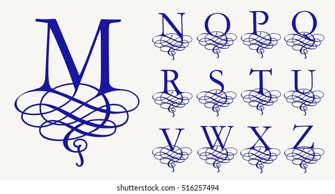 Vintage Set 2. Calligraphic capital letters with curls for Monograms and Logos. Beautiful Filigree Font. Baroque style.