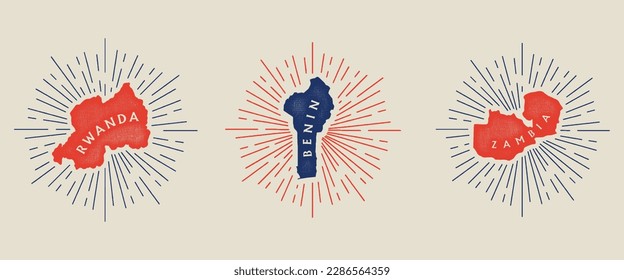 Vintage set african country maps with grunge texture and emblem. Rwanda, Benin, Zambia vintage print for t-shirt. Trendy Hipster design. Vector illustration