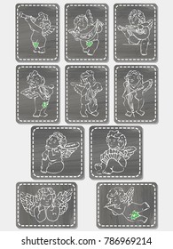 Vintage set of Angels playing on fife, violin, guitar, cello, accordion. St. Valentines greeting cards with gray background