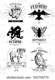 Vintage set animal labels & badges. Retro vector design graphic element, emblem, logo, insignia, identity, logotype, poster. Icon of bird, octopus, ram, butterfly, crow. Hipster sign