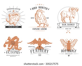 Vintage set animal labels & badges. Retro vector design graphic element, emblem, logo, insignia, identity, logotype, poster. Icon of bird, octopus, ram, butterfly, crow. Hipster sign