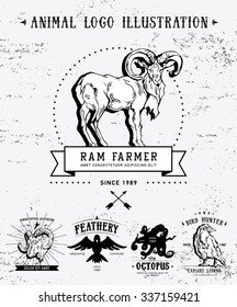 Vintage set animal labels & badges. Retro vector design graphic element, emblem, logo, insignia, identity, logotype, poster. Icon of bird, octopus, ram, butterfly, crow. Hipster sign