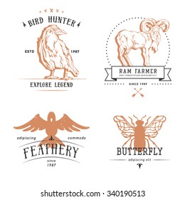 Vintage set animal labels & badges. Retro vector design graphic element, emblem, logo, insignia, identity, logotype, poster. Icon of bird, octopus, ram, butterfly, crow. Hipster sign