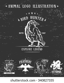 Vintage set animal labels & badges. Retro vector design graphic element, emblem, logo, insignia, identity, logotype, poster. Icon of bird, octopus, ram, butterfly, crow. Hipster sign