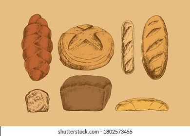 Vintage Set of Bakery products, variety of breads isolated on background. Hand Drawn vector illustration.