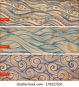 Vintage set of banners with ethnic waves can be used as a greeting card