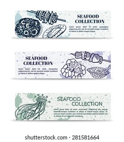 Vintage set of banners marine collection of seafood: mussels, clams, turtle soup, kebab, shrimp with herbs and sea jellyfish