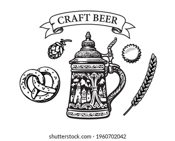 Vintage set of beer objects in engraving style. Old German stein beer mug, Bavarian pretzel, hop cone, bottle cap, barley or wheat ear, ribbon banner with text Craft Beer. Vector illustration.