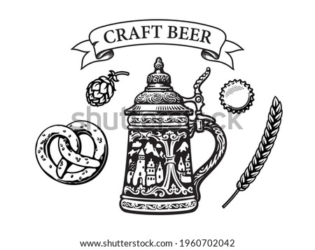 Vintage set of beer objects in engraving style. Old German stein beer mug, Bavarian pretzel, hop cone, bottle cap, barley or wheat ear, ribbon banner with text Craft Beer. Vector illustration.