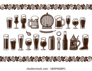 Vintage set of beer objects and hop branches with cones and leaves seamless border. Old wooden mug, barrel, glasses, hop, bottle, can, opener, cap. Hand drawn engraving style vector illustration. 