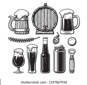 Conjunto vintage de objetos cerveceros. Viejo tazón de madera, barril, gafas, lúpulo, botella, lata, abrelatas, gorra. Ilustración vectorial de estilo grabado a mano. Cervecería, cervecería, bar, diseño de pub elementos aislados. 