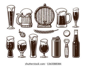 Vintage set of beer objects. Old wooden mug, barrel, glasses, hop, bottle, can, opener, cap. Hand drawn engraving style vector illustration. Brewery, beer festival, bar, pub design isolated elements. 