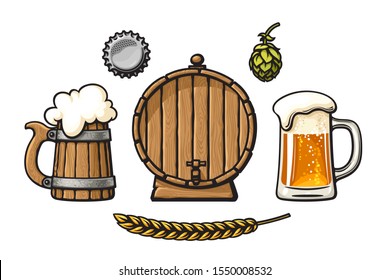 Vintage set of beer objects. Old wooden mug, barrel with tap, glass mug of beer with foam and bubbles, bottle cap, hop cone, barley or wheat ear. Hand drawn engraving style vector illustration. 