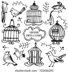 Vintage set of birds and cages. Hand drawn vector decoration collection, design doodle elements.