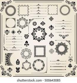 Vintage set of black classic elements. Different vector elements for decoration and design frames, cards, menus, backgrounds and monograms. Collection of floral ornaments