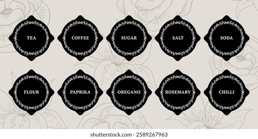 vintage set of black stickers for organizing spices in the kitchen. tea, coffee, sugar, soda, pepper. round stickers with a vegetable frame and a place for text