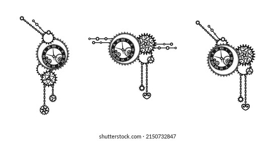 Conjunto vintage de elementos decorativos en blanco y negro con relojes, engranajes, ruedas cognitivas y cadenas sobre un blanco. Mecanismo. Steampunk. Plantilla de diseño de vectores para tarjeta de saludo de vacaciones, banner, afiche, señalización