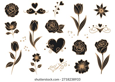 Vintage set of black and white vector floral elements featuring rose silhouettes, butterfly ornaments, and nature-inspired leaf patterns for decorative tattoo design and artistic plant illustrations