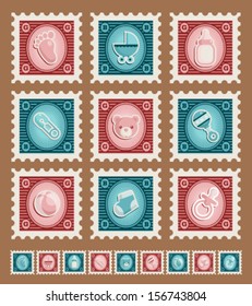 Vintage set of blue and pink baby shower stamps