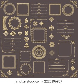 Vintage set of brown and yellow vector horizontal, square and round elements. Elements for backgrounds and frames. Classic patterns. Set of vintage patterns