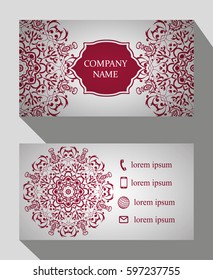 Vintage set of business cards of 50 to 90. Floral mandala pattern and decoration. Layout vector in the Oriental style. Islam, Arabic, Indian motifs. The front and rear sides. Easy to use and edit text