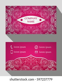 Vintage set of business cards of 50 to 90. Floral mandala pattern and decoration. Layout vector in the Oriental style. Islam, Arabic, Indian motifs. The front and rear sides. Easy to use and edit text