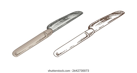 Vintage set of butter knives with wooden handles in color and monochrome. Hand drawn kitchen utensil illustrations for rustic cooking, baking, or food prep projects.
