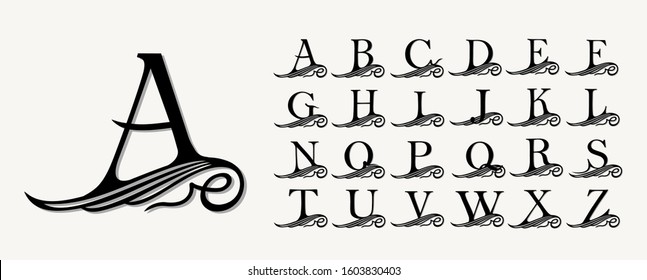 Vintage Set. Calligraphic capital letters with curls for Monograms, Emblems and Logos. Beautiful Filigree Font. Is at Conceptual wing or waves . Baroque style