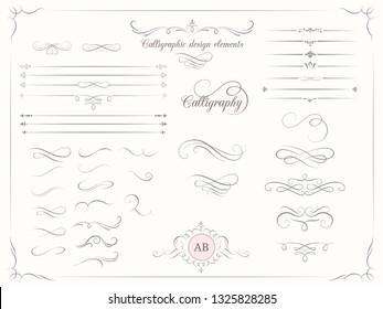 Vintage set of calligraphic design elements. Decorative elements, monogram, frame. Can be used for wedding invitation design