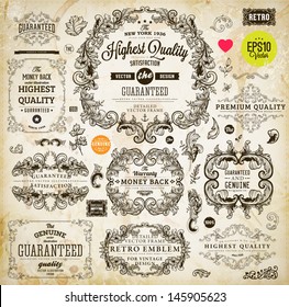 Vintage set of calligraphic design elements: page decoration, Premium Quality and Satisfaction Guarantee Label, antique and baroque frames | Old paper texture background, footprints of a cup of coffee