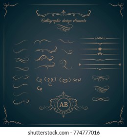 Vintage set of calligraphic design elements. Decorative elements, monogram, frame. Can be used for wedding invitation design