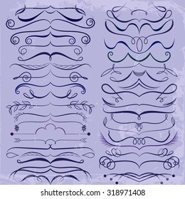 Vintage Set of calligraphic elements for design. Decorative Swirls, Scrolls, Dividers. Vintage Vector Illustration in blue tones