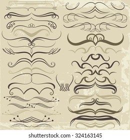 Vintage Set of calligraphic elements for design. Decorative Swirls, Scrolls, Dividers. Vintage Vector Illustration in brown tones.
