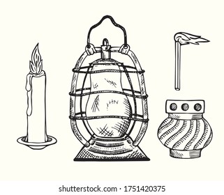 Vintage set: candle, kerosine vintage lamp, burning match, sanctuary lamp (chancel or altar lamp, everlasting light) hand drawn doodle, simple line drawing, sketch illustration, design element