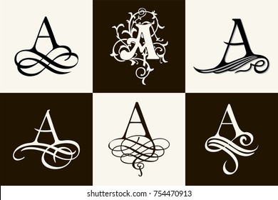 Vintage Set . Capital Letter A for Monograms and Logos. Beautiful Filigree Font. Victorian Style