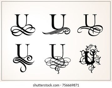 Vintage Set . Capital Letter U for Monograms and Logos. Beautiful Filigree Font. Victorian Style.