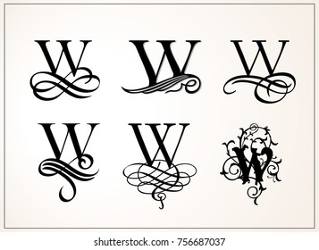 Vintage Set . Capital Letter W for Monograms and Logos. Beautiful Filigree Font. Victorian Style.