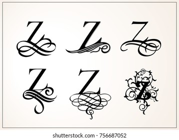 Vintage Set . Capital Letter Z for Monograms and Logos. Beautiful Filigree Font. Victorian Style.