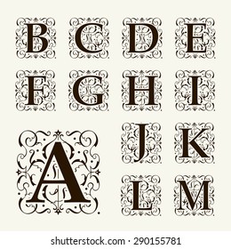 Vintage set capital letters, floral Monograms and beautiful filigree font. Art Deco, Nouveau, Modern style.