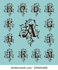 Vintage set capital letters, floral Monograms and beautiful filigree font. Art Deco, Nouveau, Modern style.