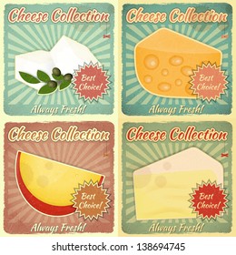 Vintage Set of Cheese Labels. Various Types of Cheese on a Retro Background with place for Price. Vector Illustration.