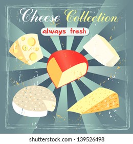 Vintage set of cheeses. Various types of cheese on a retro background