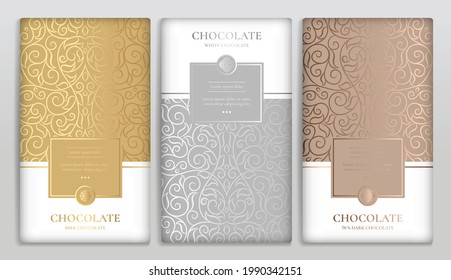 Vintage set of chocolate bar packaging design. Vector luxury template with ornament elements. Can be used for background and wallpaper. Great for food and drink package types.