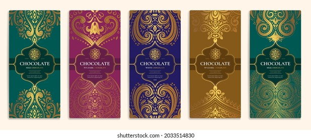 Vintage set of chocolate bar packaging design. Vector luxury template with ornament elements. Can be used for background and wallpaper. Great for food and drink package types.