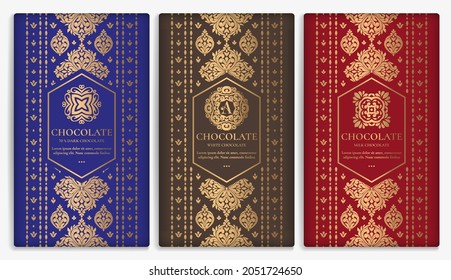 Vintage set of chocolate bar packaging design. Vector luxury template with ornament elements. Can be used for background and wallpaper. Great for food and drink package types.